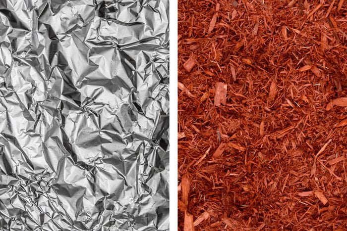 Aluminum foil texture next to red mulch texture
