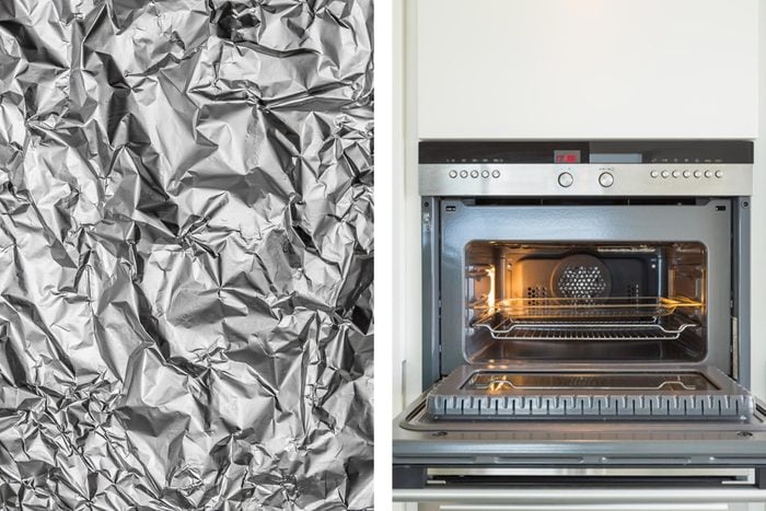 Aluminum foil texture next to open convection oven