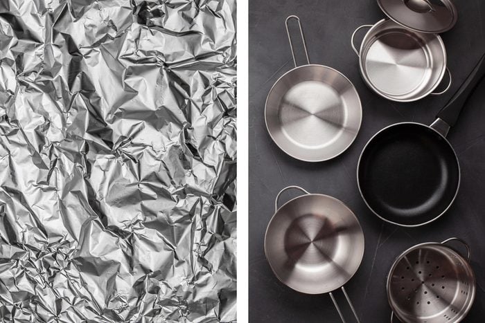 Aluminum foil texture next to a variety of pots and pans