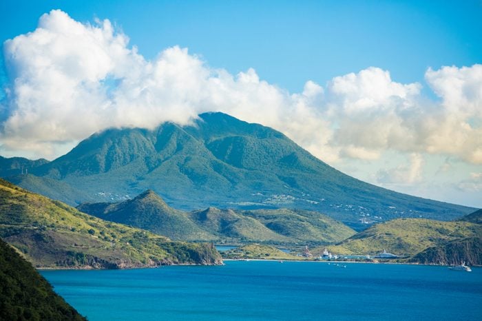 View of the island of Nevis from the South end of St Kitts in the Caribbean.
