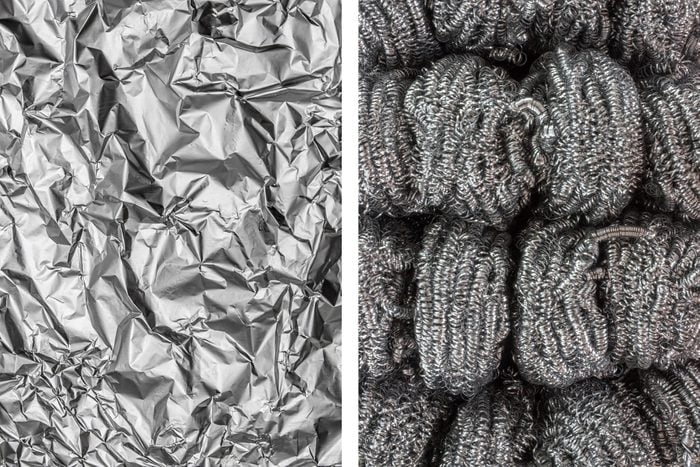 Aluminum foil texture next to steel wool pads