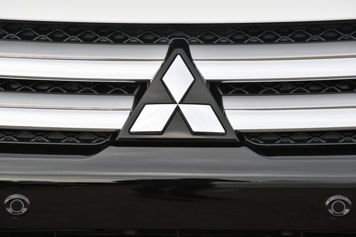 Vilnius, Lithuania - May 18: Mitsubishi logotype on a car on May 18, 2018 in Vilnius Lithuania. Mitsubishi Motors Corporation is a Japanese multinational automotive manufacturer