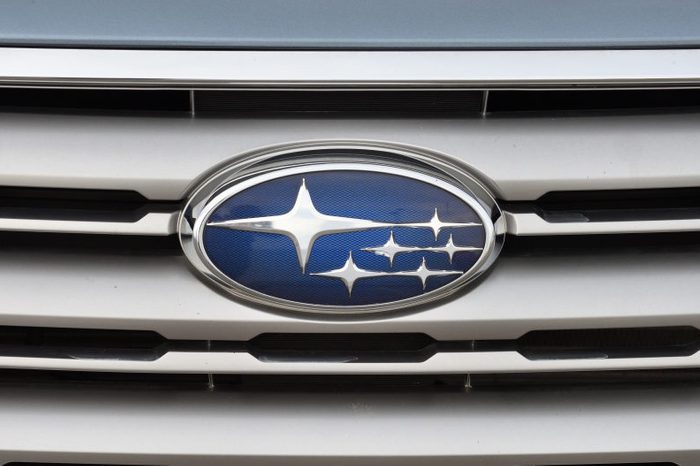 Vilnius, Lithuania - May 18: Subaru logotype on a car on May 18, 2018 in Vilnius Lithuania. Subaru is the automobile manufacturing division of Japanese conglomerate Fuji Heavy Industries