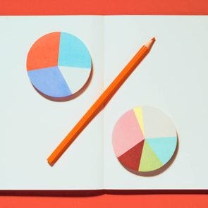 open notebook with two pie charts and a pencil on top of the pages