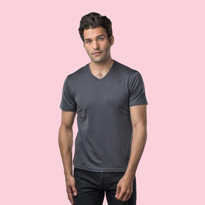 man in grey v-neck tee shirt