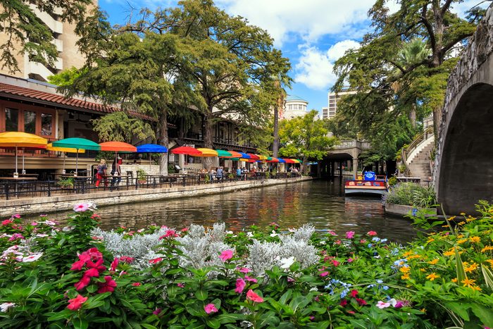 SAN ANTONIO, TEXAS, USA - SEP 29: Section of the famous Riverwalk on September 29, 2014 in San Antonio, Texas. A bustling place with many restaurants and bars.