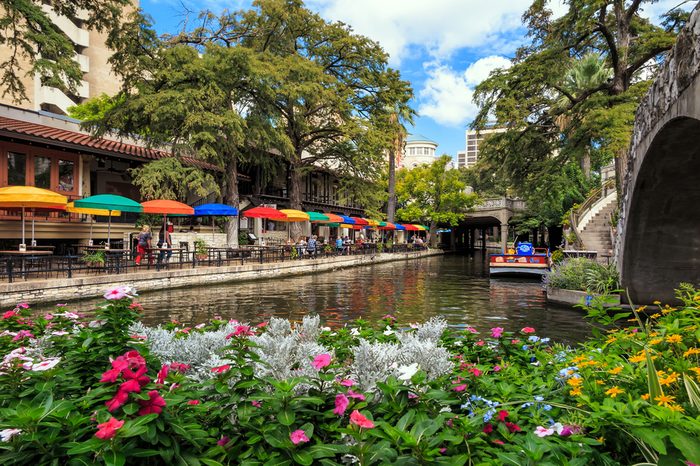 SAN ANTONIO, TEXAS, USA - SEP 29: Section of the famous Riverwalk on September 29, 2014 in San Antonio, Texas. A bustling place with many restaurants and bars.