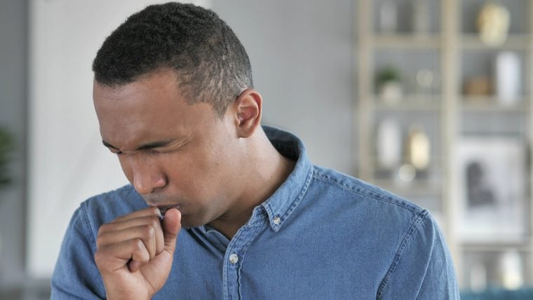 Cough, Portrait of Sick Young African Man Coughing at Work