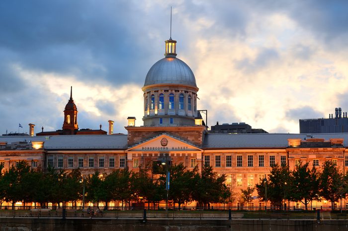 Bonsecours Market at sunset on street in Old Montreal in Canada