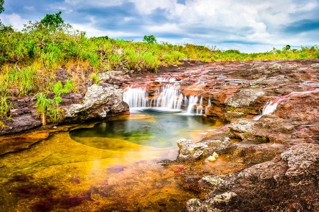 Multicolored waterfall river in Colombia, Cano Cristales