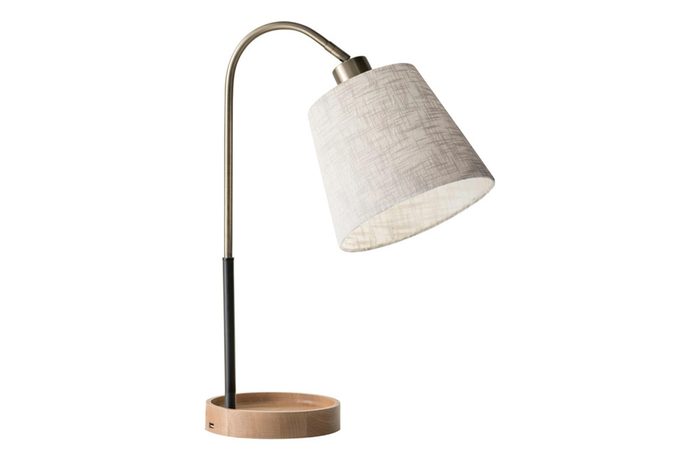 Jeffrey 1-Light Desk Lamp, Black And Antique Brass With Natural Rubber Wood