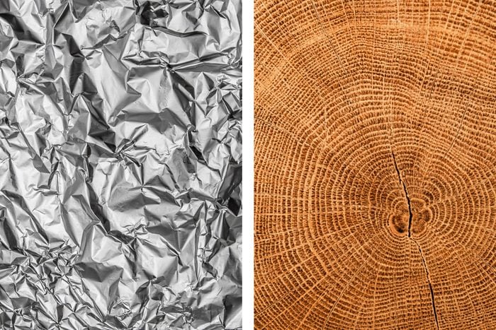 Aluminum foil texture next to texture of a wood tree trunk