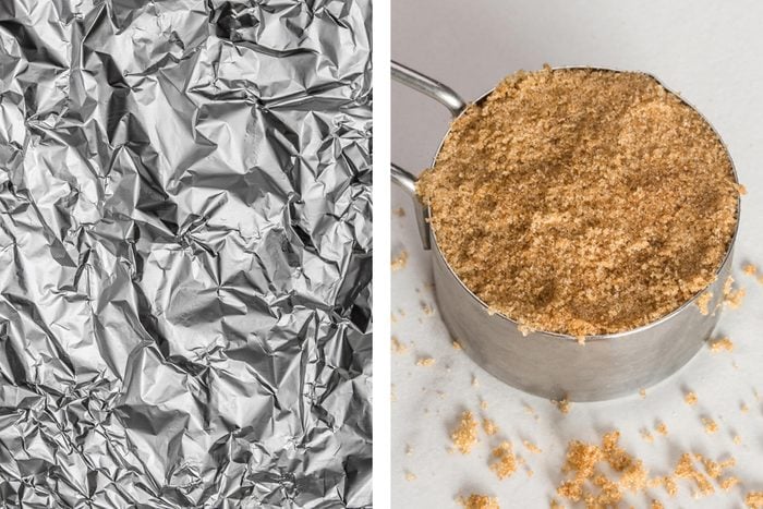 Aluminum foil texture next to measuring cup of brown sugar