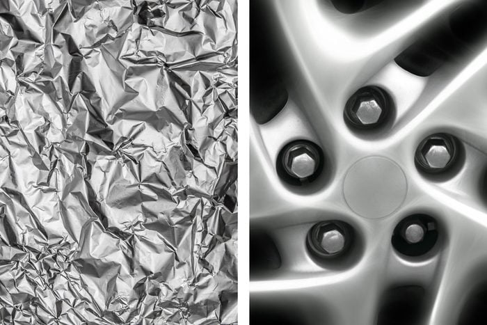 Aluminum foil texture next to chrome hubcap