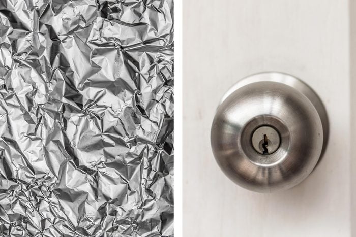 Aluminum foil texture next to close-up of a door knob