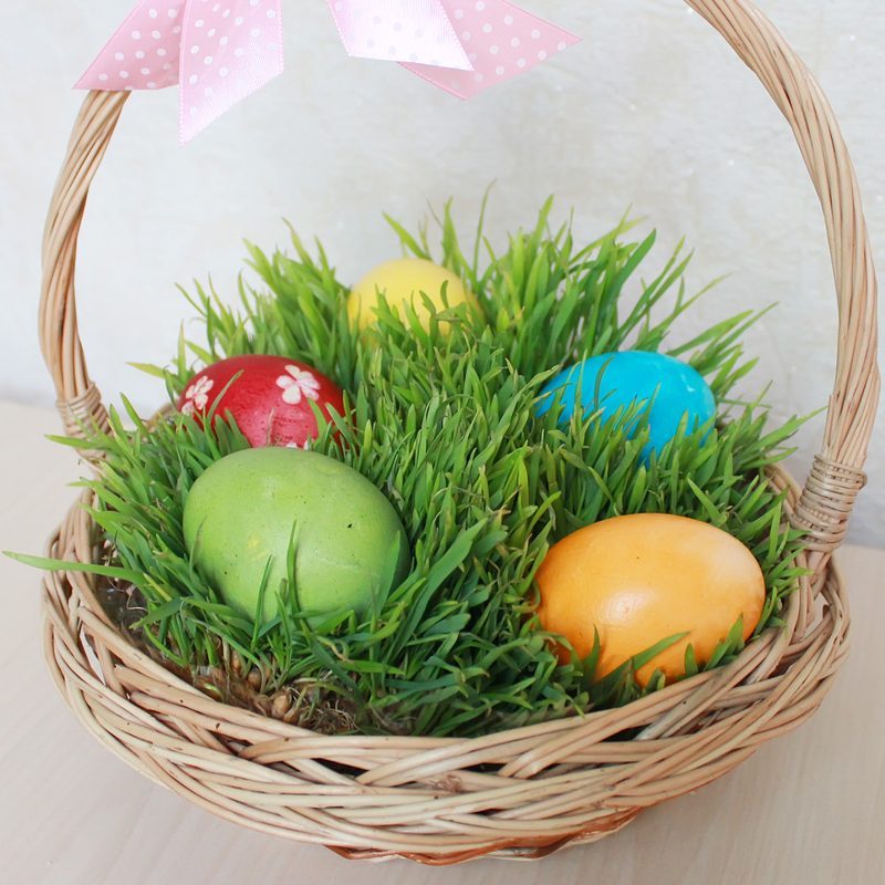 Basket with the Easter eggs on the grass