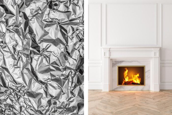 Aluminum foil texture next to open fire place