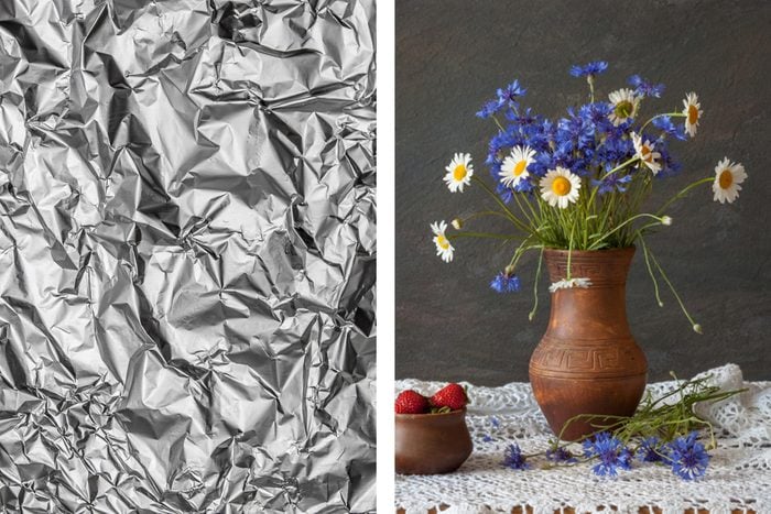 Aluminum foil texture next to flower pot