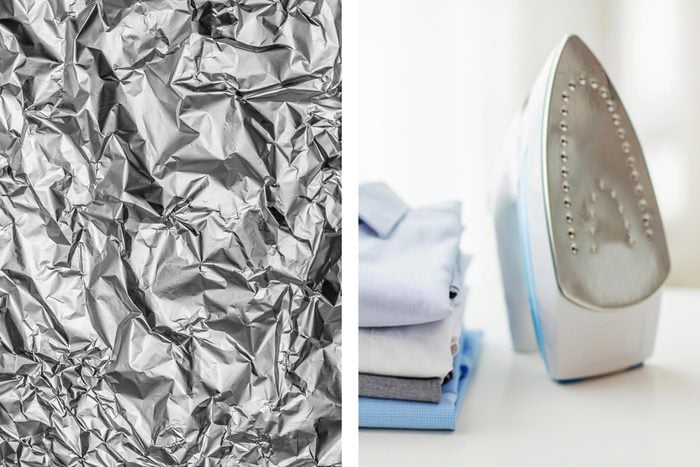 Aluminum foil texture next to close-up of an iron