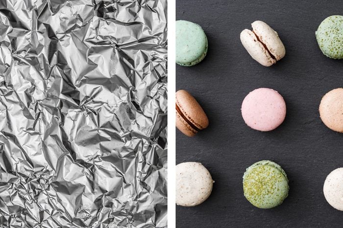 Aluminum foil texture next to different macarons and cookies