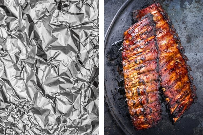 Aluminum foil texture next to barbecue in a drip pan 