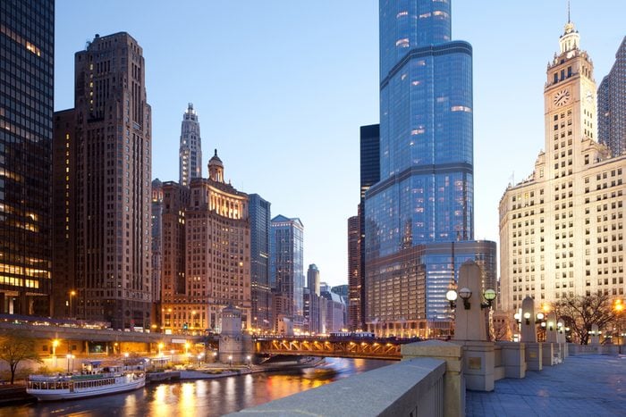 Cityscape of buildings around the Chicago River, Chicago, Illinois, USA