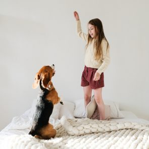 young caucasian girl playing with her puppy beagle dog