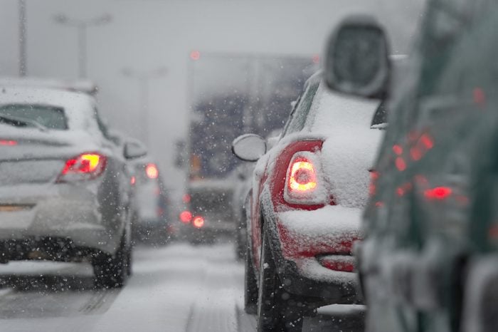 Traffic jam caused by heavy snowfall