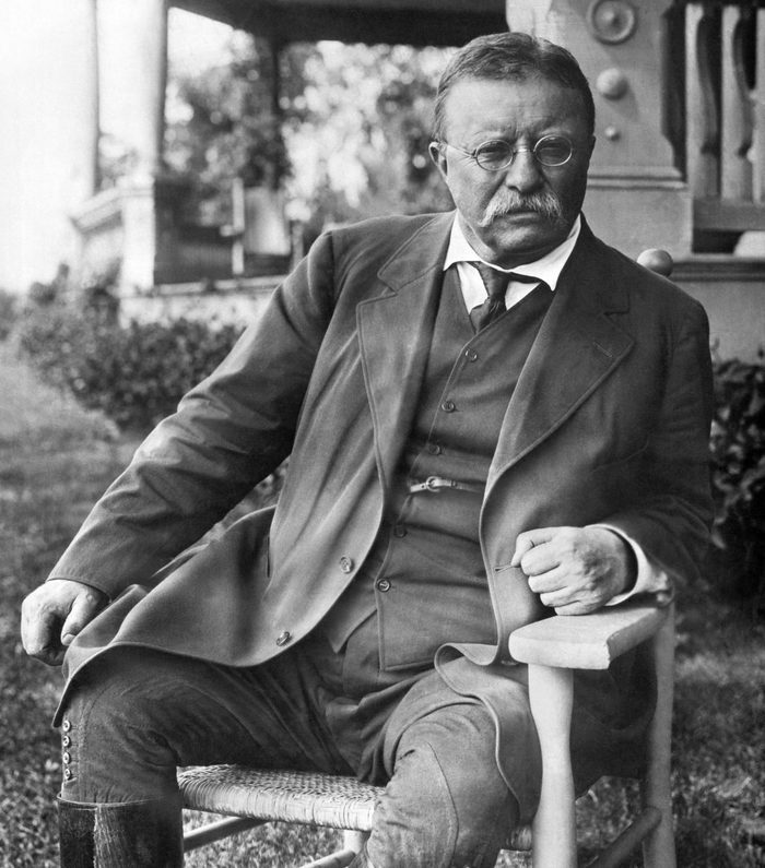 VARIOUS Cove Neck, New York: c. 1907 President Theodore Roosevelt seated in a chair outside his Sagamore Hill home on Long Island.