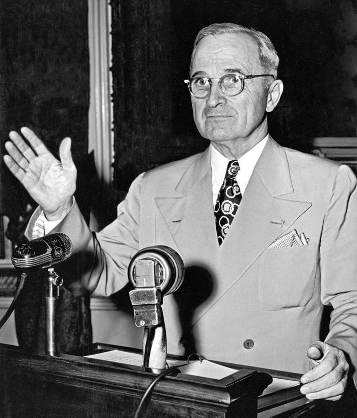 VARIOUS Washington, D.C.: May 24, 1946. Truman concluding a press conference about the ongoing railroad strike, declaring that if the workers were not back on the job the next day, he would call upon the armed forces to help run the railroad and protect the strike breakers.