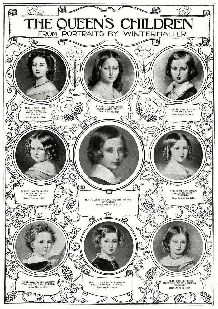 Historical Collection 180 Queen Victoria's Nine Children From Portraits by the German Painter Franz Xaver Winterhalter From Left to Right: Princess Vicky of Great Britain(1840-1901 Later Victoria Empress of Germany) Eldest Daughter of Queen Victoria Princess Alice(1843-78 Later Duchess of Hesse-darmstadt) Third Child and Second Daughter of Queen Victoria Prince Alfred 'Affie' (1844-1900 Later Duke of Edinburgh) Second Son and Fourth Child of Queen Victoria Princess Helena 'Lenchen' (1846-1923 Later Princess Christian of Schleswig-holstein) Third Daughter and Fifth Child of Queen Victoria Edward Prince of Wales (1841 - 1910 Later King Edward Vii) Princess Louise (1848-1939 Later Duchess of Argyll) Sixth Child and Fourth Daughter of Queen Victoria Prince Arthur Duke of Connaught (1850-1942) Fourth Son and Seventh Child of Queen Victoria Prince Leopold(1853 - 1884 Later Duke of Albany) Fourth Son of Queen Victoria Princess Beatrice(1857-1944 Later Princess Henry of Battenberg) Youngest Child of Queen Victoria