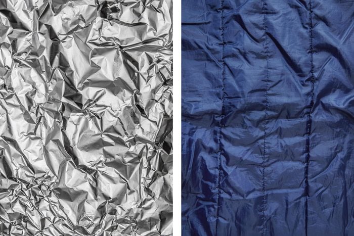 Aluminum foil texture next to sleeping bag texture