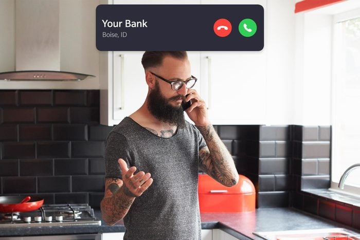 man talking on the phone with incoming call interface overlay