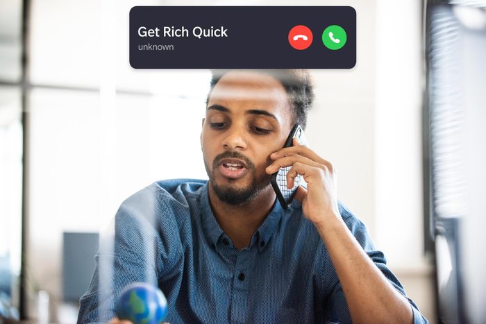 man on the phone with incoming call interface overlay