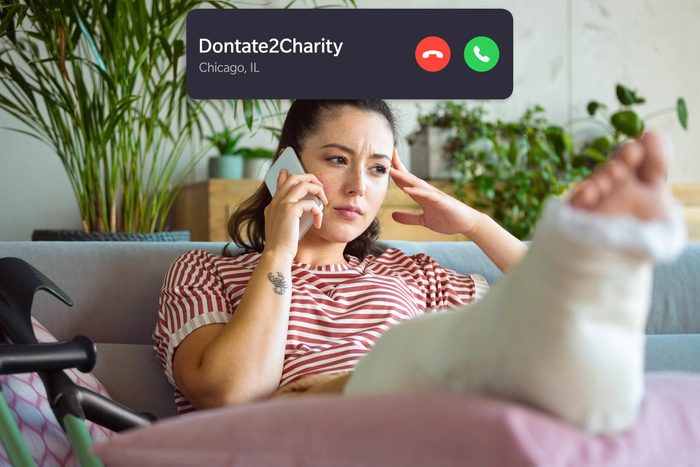 woman on the phone with incoming call interface overlay