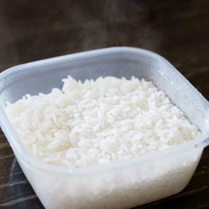 Close Up In Plastic Pot With White Rice