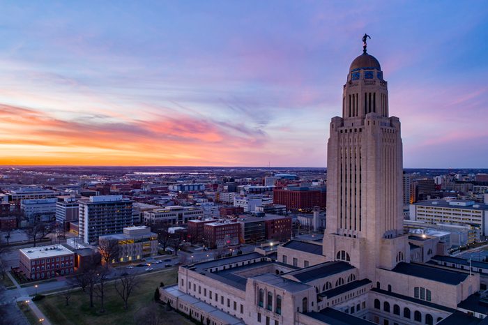 Drone shot of Nebraska State Capitol and Downtown Lincoln