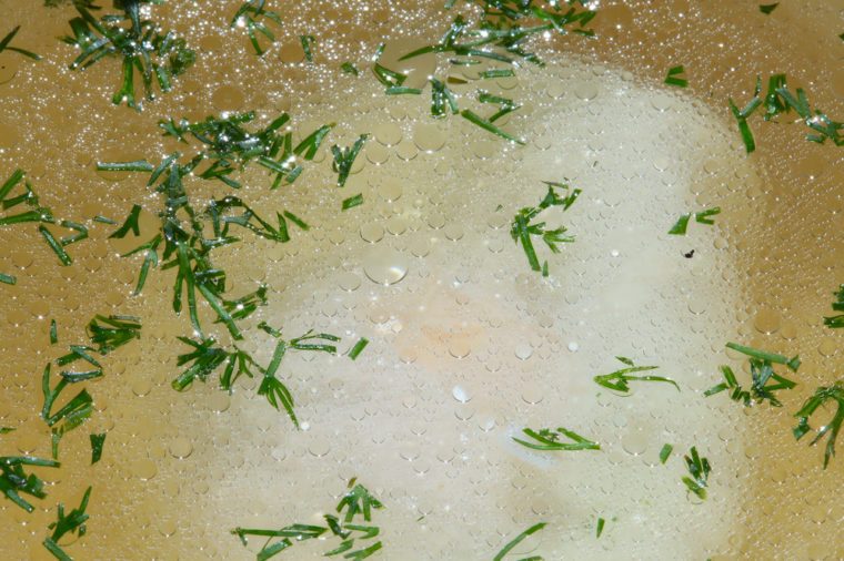 macro transparent nourishing chicken broth with egg in a white plate with dill