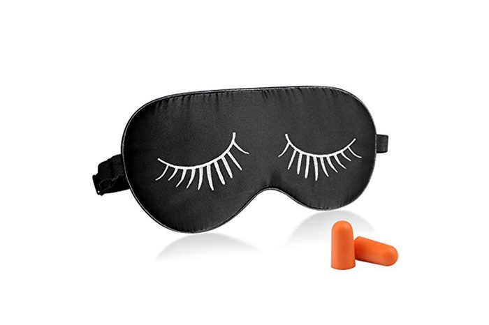 Fitglam Natural Silk Sleep Mask / Eye Mask with Eyelashes Patterns & Free Ear Plugs, Black With White Eyelashes