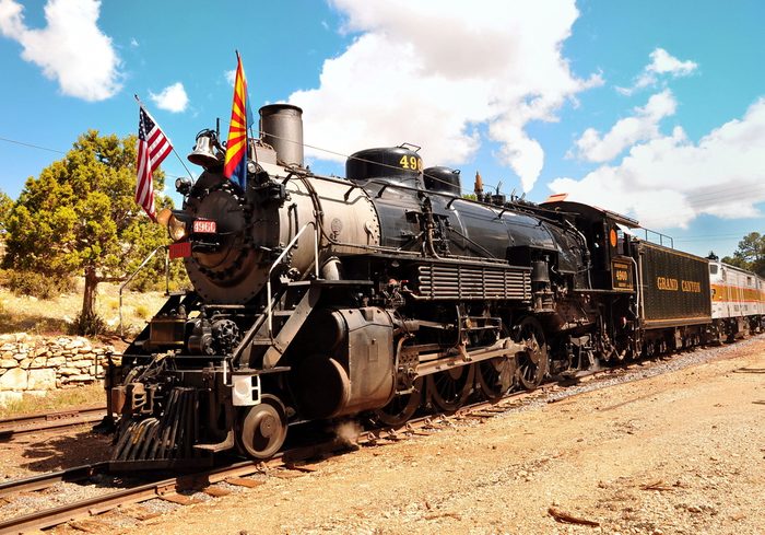 Grand Canyon Village, Arizona, USA - September 17, 2011: Vintage Steam Locomotive at the station in Grand Canyon Village. Grand Canyon Railway.