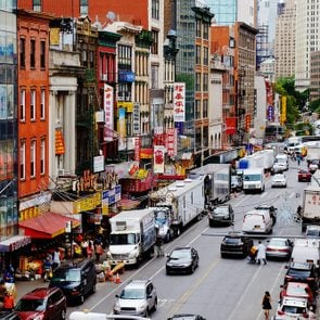 NEW YORK - JUNE, 2015: Aerial photo of one of the main streets in Chinatown in New York City, USA.