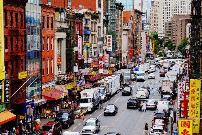NEW YORK - JUNE, 2015: Aerial photo of one of the main streets in Chinatown in New York City, USA.