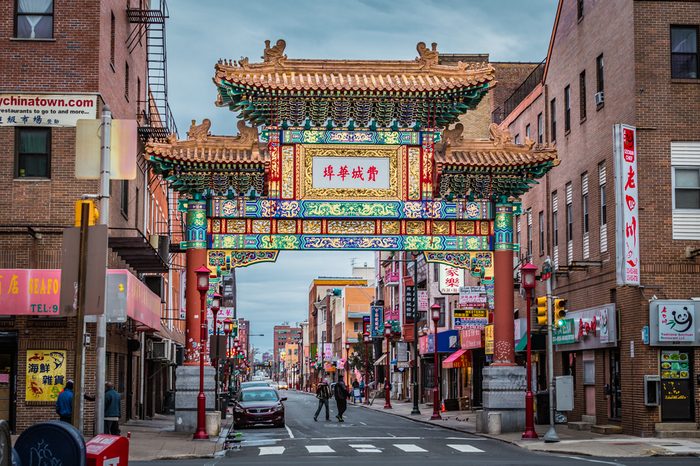 Philadelphia, PA - January 1, 2016: Decorative archway at the entrance to Chinatown area.