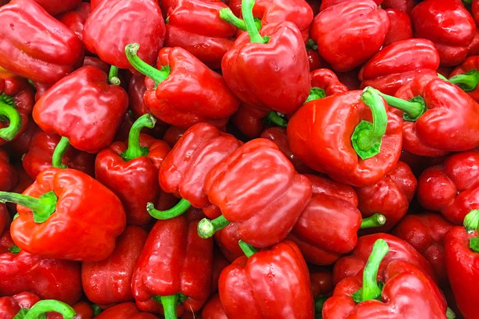 Red sweet bell pepper on the shelf in the fresh market