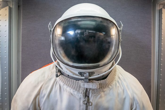 Soviet cosmonaut or astronaut or spaceman suit and helmet, close up