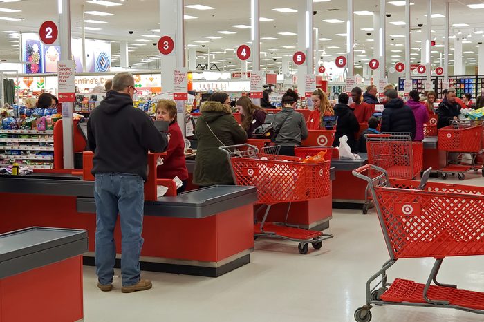 Target retail store busy cash register check out counters wait on customers, Saugus Massachusetts USA, January 19, 2019