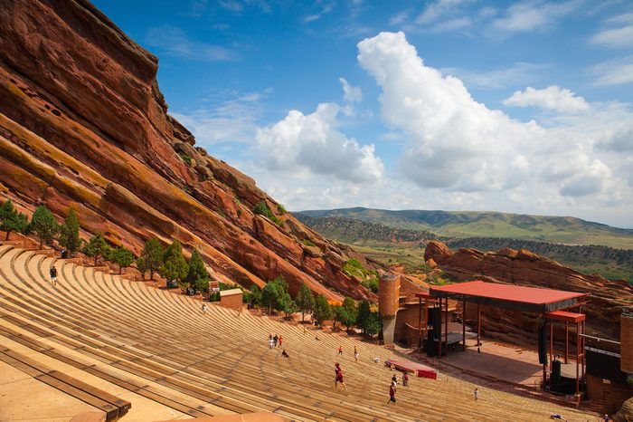 Denver, USA: July 21, 2012: Famous Red Rocks Amphitheater in Morrison. It is a rock structure near Morrison, Colorado, 10 miles west of Denver, where concerts are given in the open-air amphitheatre.
