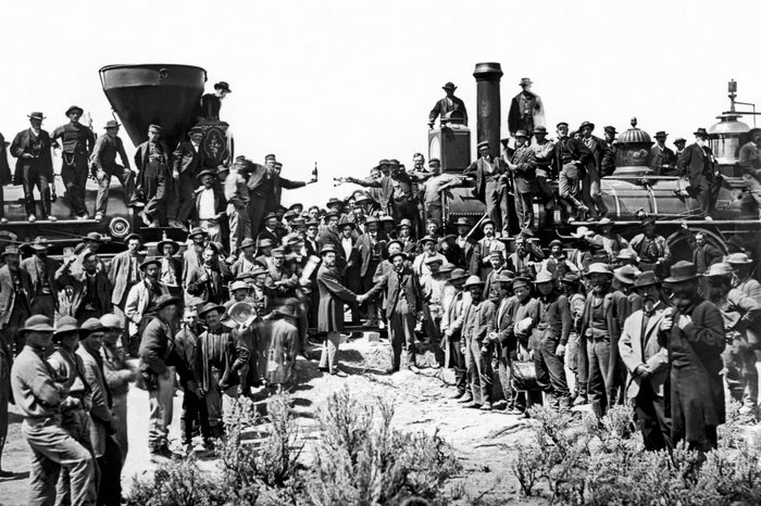 VARIOUS Promontory Point, Utah: May 10, 1869. Completion of the first transcontinental railroad with the Central Pacific Railroad coming from Sacramento, and the Union Pacific Railroad building out from Chicago. The two railroads started the project six years earlier, in 1863.