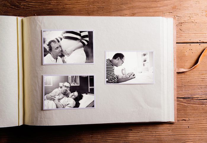 Fathers day composition. Photo album, black-and-white pictures.