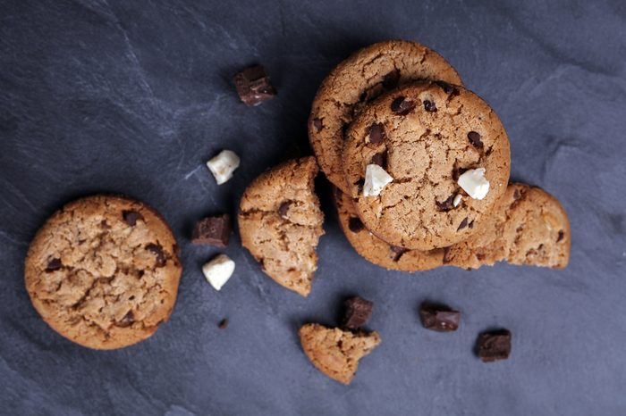 Double chocolate chip cookies on dark background